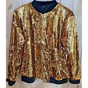 Hancy Womens 2XL Gold Sequin Bomber Jacket Full Zip Party Disco Plus Size